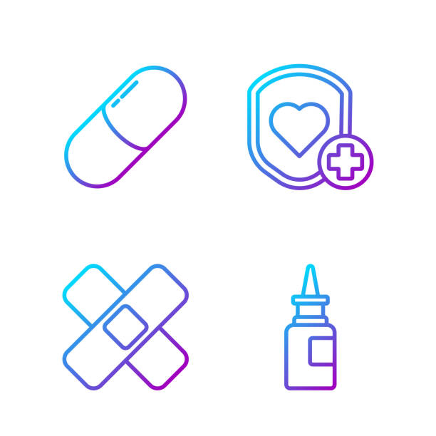 Set line Bottle nasal spray, Crossed bandage plaster, Medicine p Set line Bottle nasal spray, Crossed bandage plaster, Medicine pill or tablet and Shield and heart rate. Gradient color icons. Vector pills stock illustrations