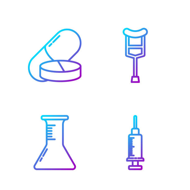 zestaw linii strzykawka, probówki i kolby, pigułki medycznej lub tabletki - beaker flask laboratory glassware research stock illustrations