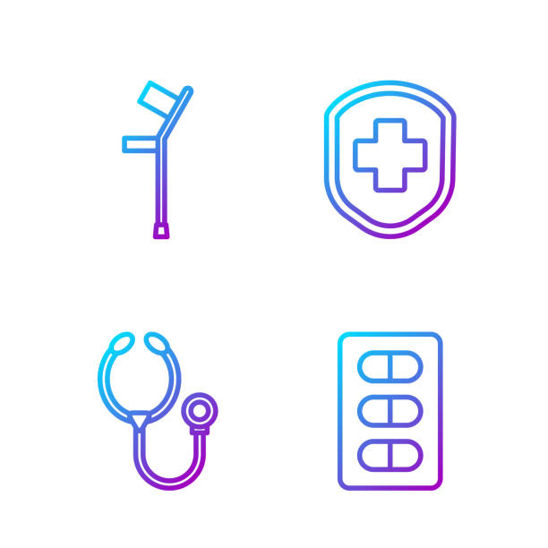 ilustraciones, imágenes clip art, dibujos animados e iconos de stock de establecer píldoras de línea en blíster, estetoscopio, muletas o muletas - computer icon healthcare and medicine symbol gradient