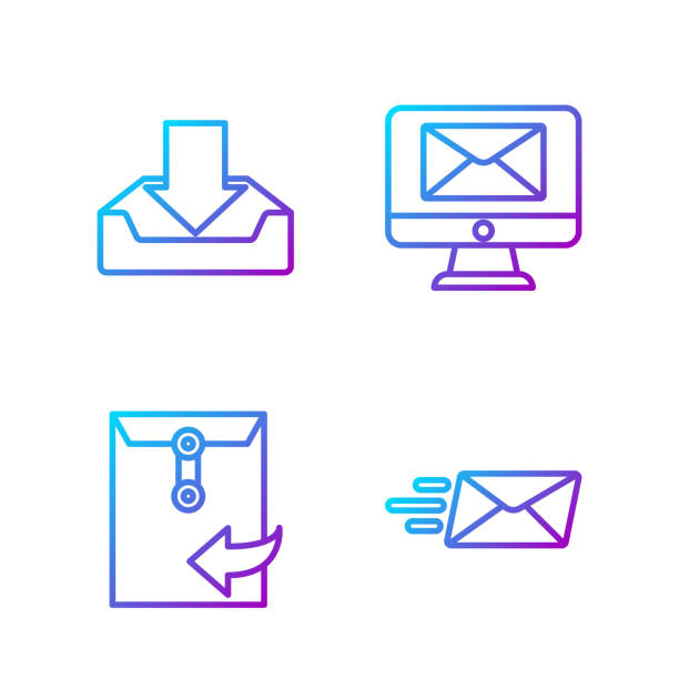 Set line Express envelope, Envelope, Download inbox and Monitor and envelope. Gradient color icons. Vector Set line Express envelope, Envelope, Download inbox and Monitor and envelope. Gradient color icons. Vector email inbox stock illustrations