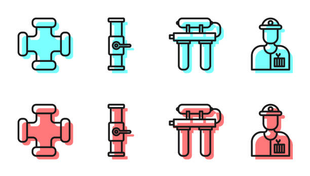 ilustrações, clipart, desenhos animados e ícones de definir filtro de água da linha, tubulação metálica da indústria, tubulação da indústria e ícone da válvula e encanador. vetor - valve natural gas gas pipe gas