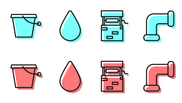 Set line Well, Bucket, Water drop and Industry metallic pipe icon. Vector Set line Well, Bucket, Water drop and Industry metallic pipe icon. Vector bucket stock illustrations