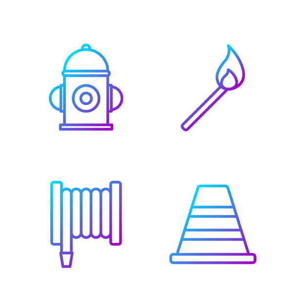 ilustrações de stock, clip art, desenhos animados e ícones de set line traffic cone, fire hose reel, fire hydrant and burning match with fire. gradient color icons. vector - street furniture traffic lighting equipment urban scene