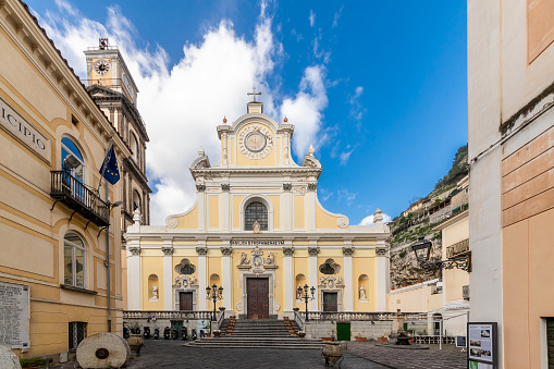 Minori, Amalfi Coast, Campania, Italy, February 2020: The imposing Basilica of Santa Trofimena in Neoclassical style preserves the crypt of Santa Trofimena. Amalfi Coast.