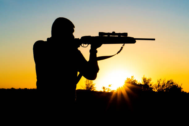 istock Silhouette of a man with a weapon in his hands on a sunset background 1270087817