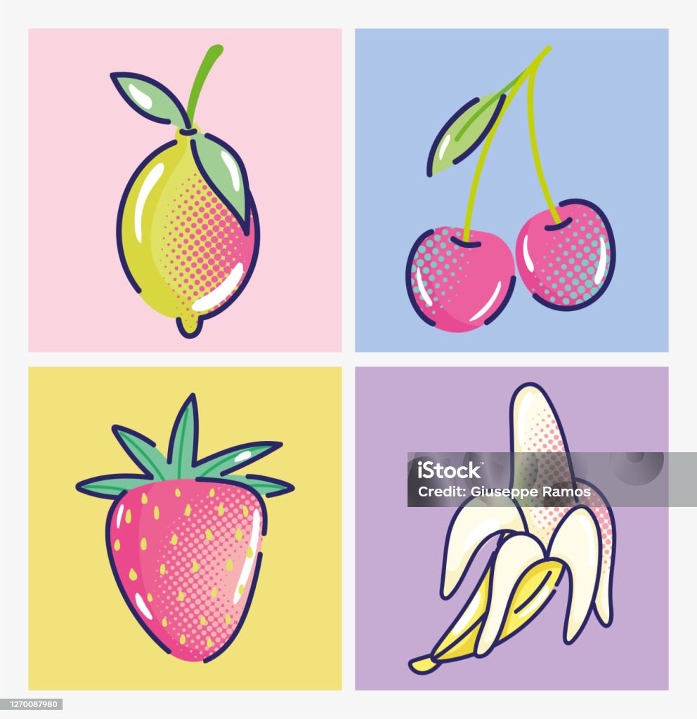 Pop Art Phim Hoạt Hình Trái Cây Dâu Tây Anh Đào Chuối Và Xoài ...