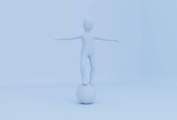 person in equilibrium on a ball, man balancing on a sphere, 3d render