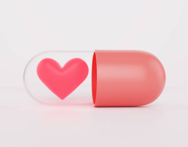 heart is in the red pill, aphrodisiac for men and women concept, 3d render - romance three dimensional digitally generated image ideas imagens e fotografias de stock