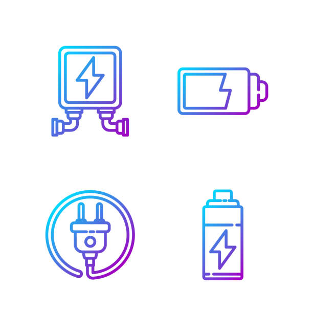 Set line Battery, Electric plug, Electric transformer and Batter Set line Battery, Electric plug, Electric transformer and Battery charge level indicator. Gradient color icons. Vector transformer stock illustrations