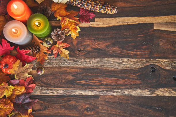 istock Autumn Decoration Background with Candles, Pumpkins, Leafs and Nuts 1270088928