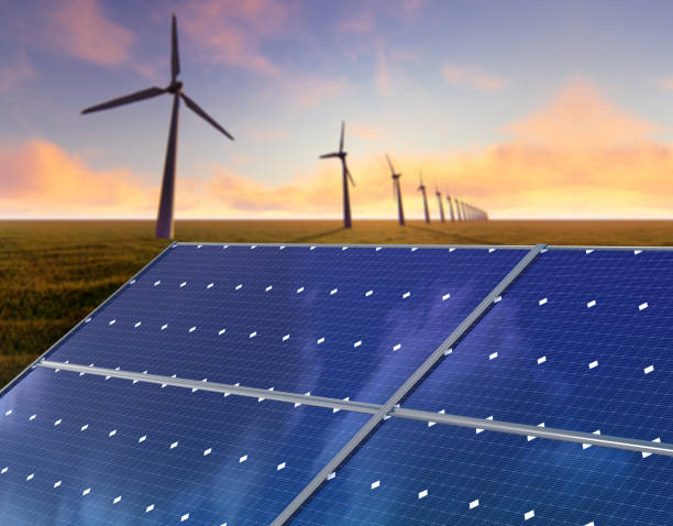 istock Modern solar panels and wind turbines 1270090032