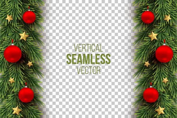 ilustrações, clipart, desenhos animados e ícones de ramo de natal verde com bolas vermelhas, estrelas douradas em fundo transparente. fir natural vertical perfeita decoração. vetor realista feliz xmas, ornamento tradicional de ano novo com guirlanda - fir tree christmas branch twig