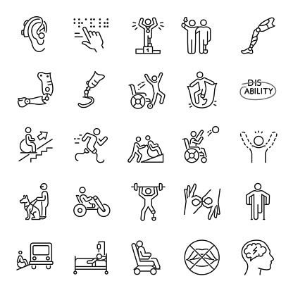 Disability, icon set. disabled people, handicap, physical impairments, assistance, linear icons. Line with editable stroke