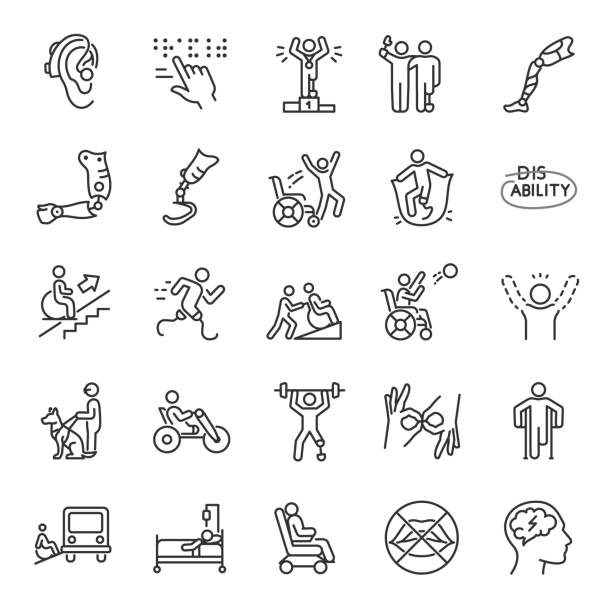 Disability, icon set. disabled people, handicap, physical impairments, linear icons. Editable stroke Disability, icon set. disabled people, handicap, physical impairments, assistance, linear icons. Line with editable stroke accessibility for persons with disabilities stock illustrations