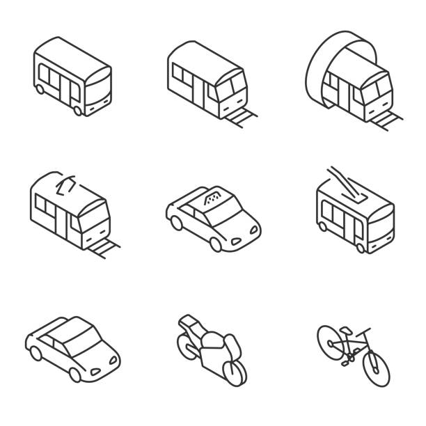 illustrations, cliparts, dessins animés et icônes de transport urbain, ensemble d’icônes. icônes linéaires isométriques. coup modifiable - bus speed transportation public utility