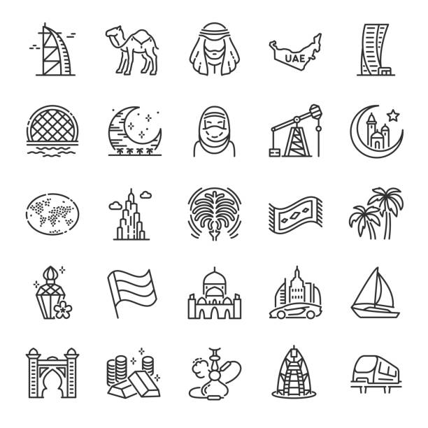 ilustrações, clipart, desenhos animados e ícones de emirados árabes unidos, conjunto de ícones. tradições, marcos, roupas, edifícios, ícones lineares. traçado editável - jumeirah mosque