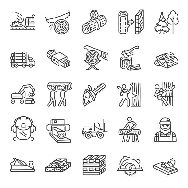 logging, sägewerk, icon-set. holz, holzfäller, lineare symbole. holzproduktion. bearbeitbarer strich - forstwirtschaft stock-grafiken, -clipart, -cartoons und -symbole