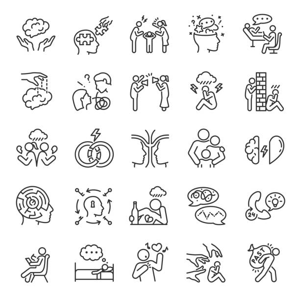 Psychology, icon set. Mind and behavior, linear icons. Group psychotherapy. Conscious and unconscious phenomena. Editable stroke Psychology, icon set. Mind and behavior, linear icons. Group psychotherapy. Conscious and unconscious phenomena. Line with editable stroke counseling stock illustrations