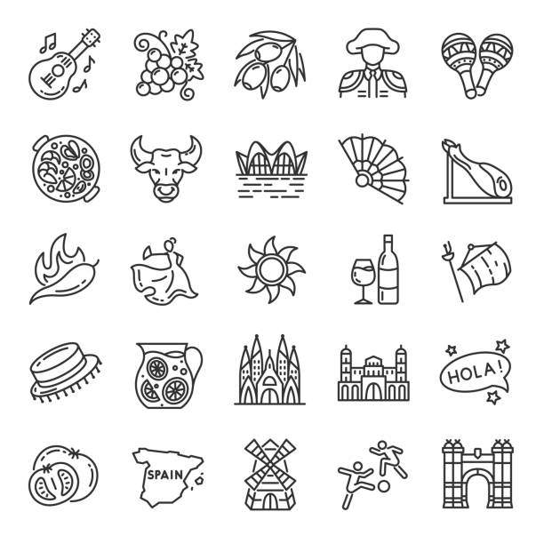 Spain, icon set. Spanish traditional holidays, landmark, clothing, buildings, linear icons. Editable stroke Spain, icon set. Spanish traditional holidays, landmark, clothing, buildings, linear icons. Line with editable stroke blood sport stock illustrations