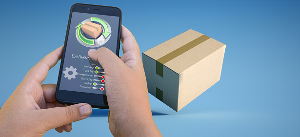 3D rendering of a smartphone delivery tracking app packages on the background