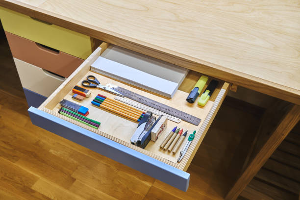 istock Ready for school. Neat drawer with assorted stationery for school 1270094493