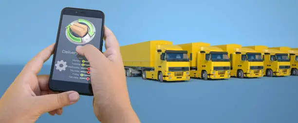 3D rendering of a smartphone logistic app controlling truck transportation