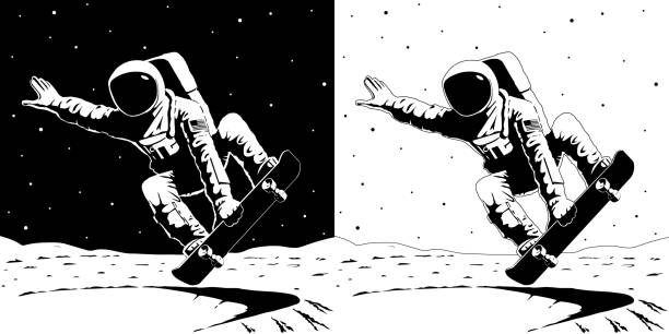 Print astronaut on skateboard on the moon black white Vector Astronaut with american flag chevron on spacesuit riding a skateboard in the crater bowl on the bright side of the Moon Performs the trick indy grab lien crossbone frontside skateboard stock illustrations