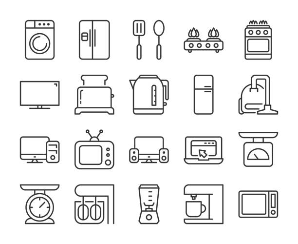 illustrations, cliparts, dessins animés et icônes de icône des appareils ménagers. ensemble d’icônes de ligne de cuisine et d’électroménager. trait modifiable. - four objects audio