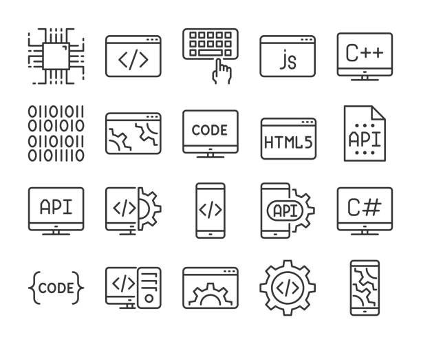 illustrazioni stock, clip art, cartoni animati e icone di tendenza di icona di programmazione. set di icone di linea di sviluppo e programmazione. tratto modificabile. - html