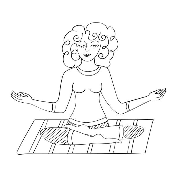 Young woman meditates on yoga mat in lotus position. Black and white hand drawn doodle. Vector illustration of emotional harmony, balance, mental health, yoga practice, relaxation, calmness. Young woman meditates on yoga mat in lotus position. Black and white hand drawn doodle. Vector illustration of emotional harmony, balance, mental health, yoga practice, relaxation, calmness. spirituality smiling black and white line art stock illustrations