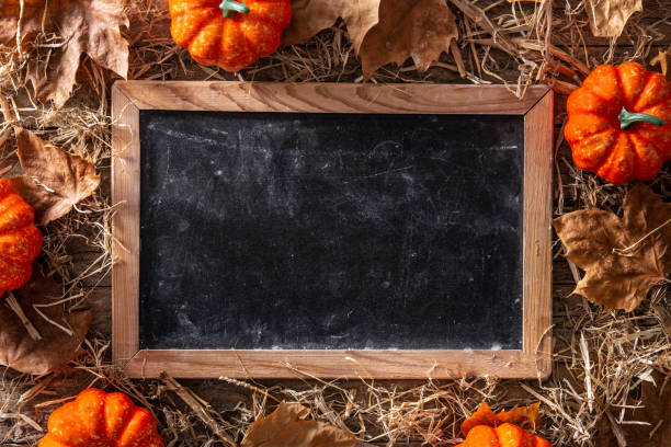 istock Autumn background with leaves, pumpkins  and blackboard 1270097526