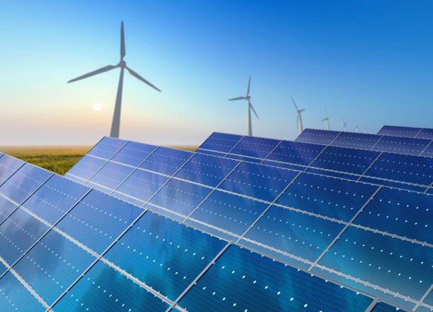 istock Renewable energy, modern solar panels and wind turbines 1270098211