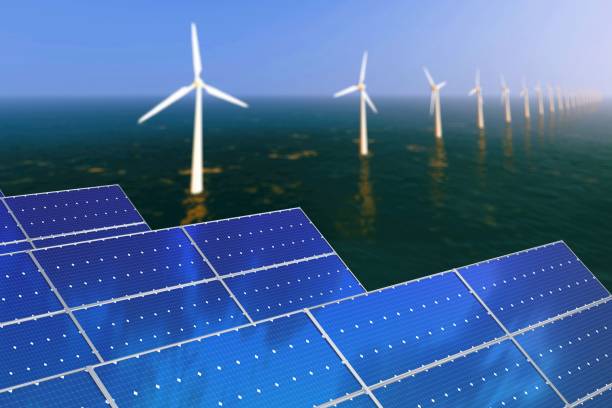 Renewable energy, modern solar panels and wind turbines