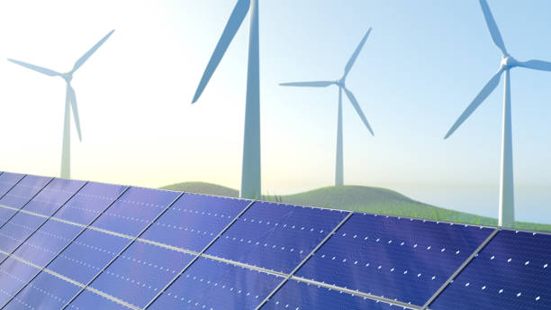 istock Renewable energy, modern solar panels and wind turbines 1270098426
