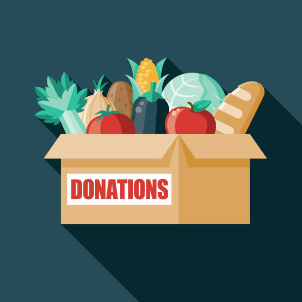 Food Donation Box A flat design food and grocery donation box icon with a long side shadow. Color swatches are global so it’s easy to edit and change the colors. fruit clipart stock illustrations