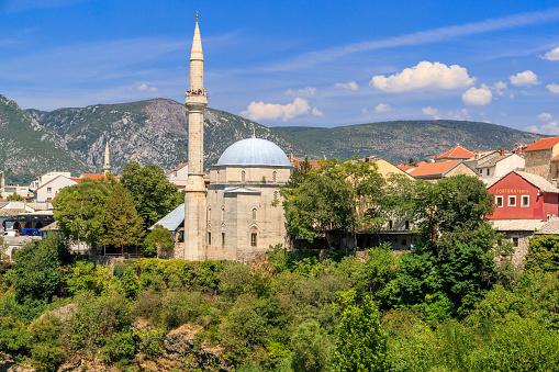 MOSTAR, BOSNIA HERZEGOVINA - 2017 AUGUST 16. Koski Mehmed Pasha Mosque dating to the 17th century.