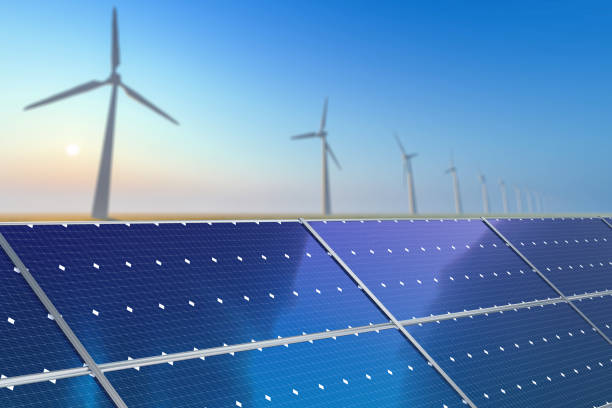 istock Renewable energy, modern solar panels and wind turbines 1270099909