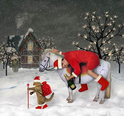 A cat walks with a drunk Santa Claus who is on a horse with a bottle of wine in his hand in a winter wood at night.