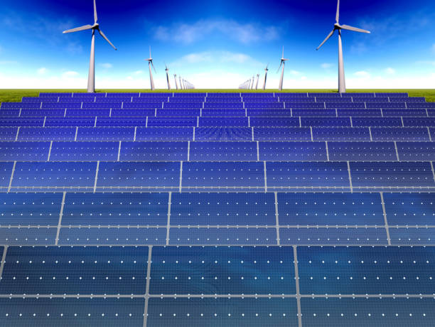 Renewable energy, modern solar panels and wind turbines