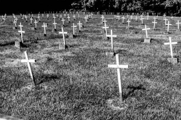 istock Cemetery or graveyard with many small, white crosses marking unknown deaths. 1270101445
