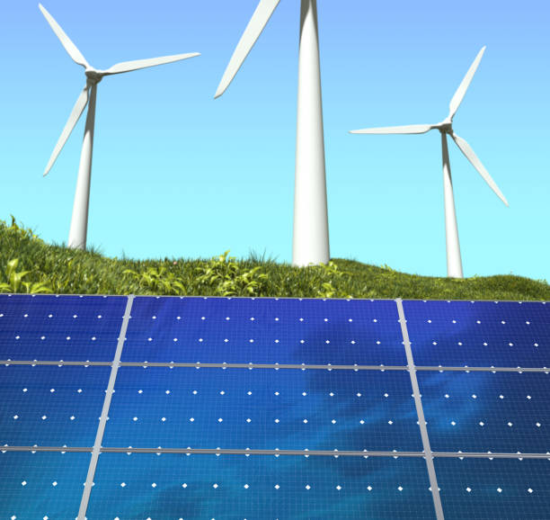 istock Renewable energy, modern solar panels and wind turbines 1270103065
