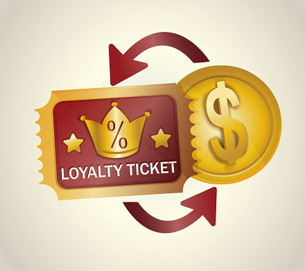 Loyalty program ticket icon. Discount or bonus card with image of percent signs and crown. Promotion concept and saving money while shopping in real and online stores. Vector