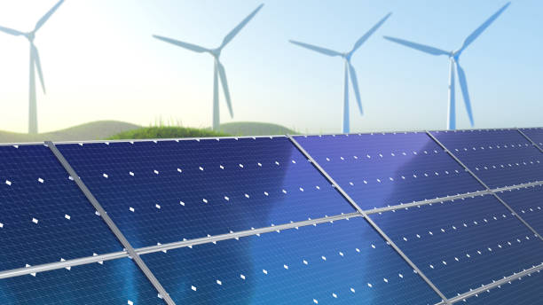 istock Renewable energy, modern solar panels and wind turbines 1270105851