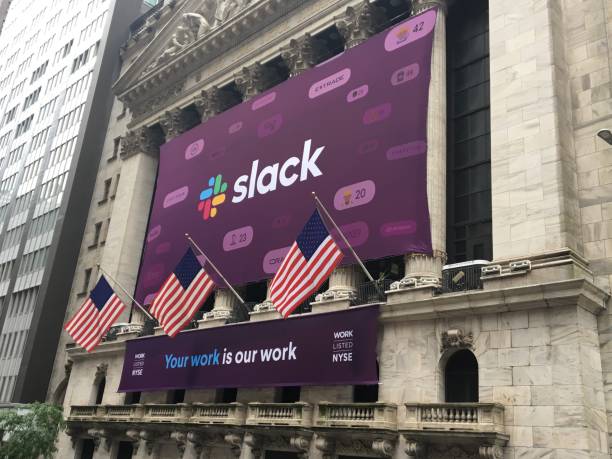 (nyse: work) offerta pubblica iniziale ipo con quotazione diretta alla borsa di new york. stewart butterfield amministratore delegato. collaborazione sul posto di lavoro software saas - wall street stock exchange new york city new york stock exchange foto e immagini stock