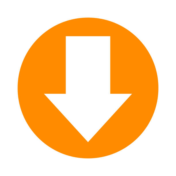 흰색에 고립 된 아이콘, 버튼 인터페이스 응용 프로그램에 대한 원 화살표, 다음 의 화살표 기호 또는 업로드를 다운로드, 방향화살표 간단한 기호에 대한 원 오렌지에서 흰색을 가리키는 화살� - down marker stock illustrations