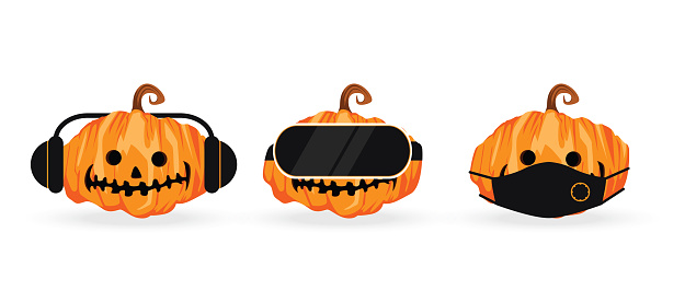 Halloween pumpkin covering ears with headphones, eyes with VR device and mouth with protection mask as looking like the three wise monkeys. Don't see, don't hear and don't speak concept. Vector illustration.