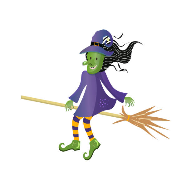 ilustrações, clipart, desenhos animados e ícones de bruxa de desenho animado de halloween voando em seu cabo de vassoura. - witch voodoo smiling bizarre