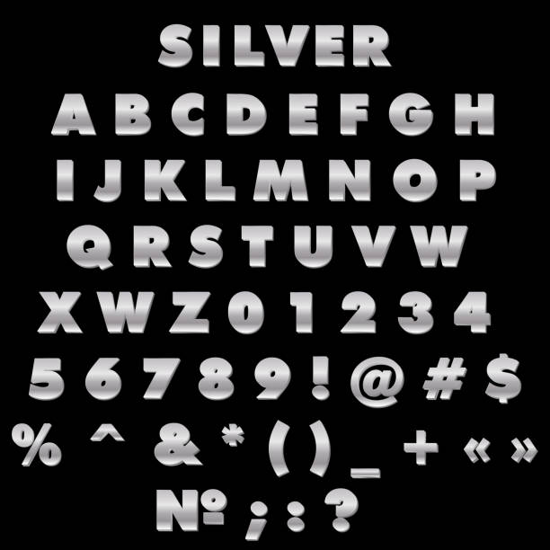 istock Set of stylish Alphabet Letters, Numbers and Symbols. 3d silver letter. Stock vector illustration on black isolated background. 1270111740