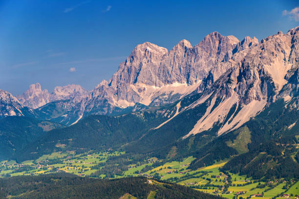 Dachstein as seen from Planai, Austria Aerial view of Dachstein massif dachstein mountains photos stock pictures, royalty-free photos & images