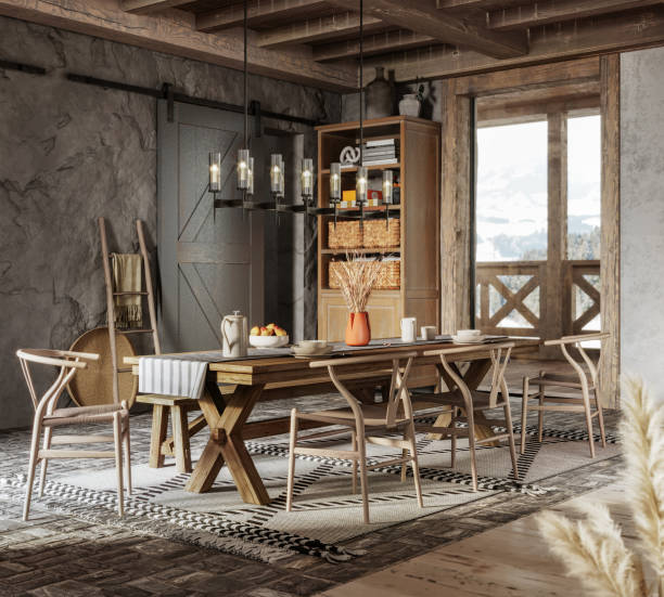 3d rendering of a dining table in winter cottage Computer generated image of a dining table in winter cottage. Living room with dining area in of log house in 3d rendering. modern cottage interior design stock pictures, royalty-free photos & images
